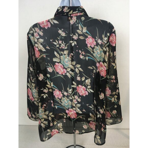 Notation Top Women Size L Black w Pink Blue Flowers Button Down Sheer Blouse - Picture 3 of 11